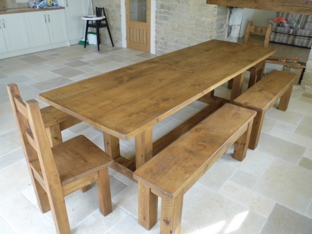 9' x 3' Pie table with 2 / 4' benches and chunky chairs